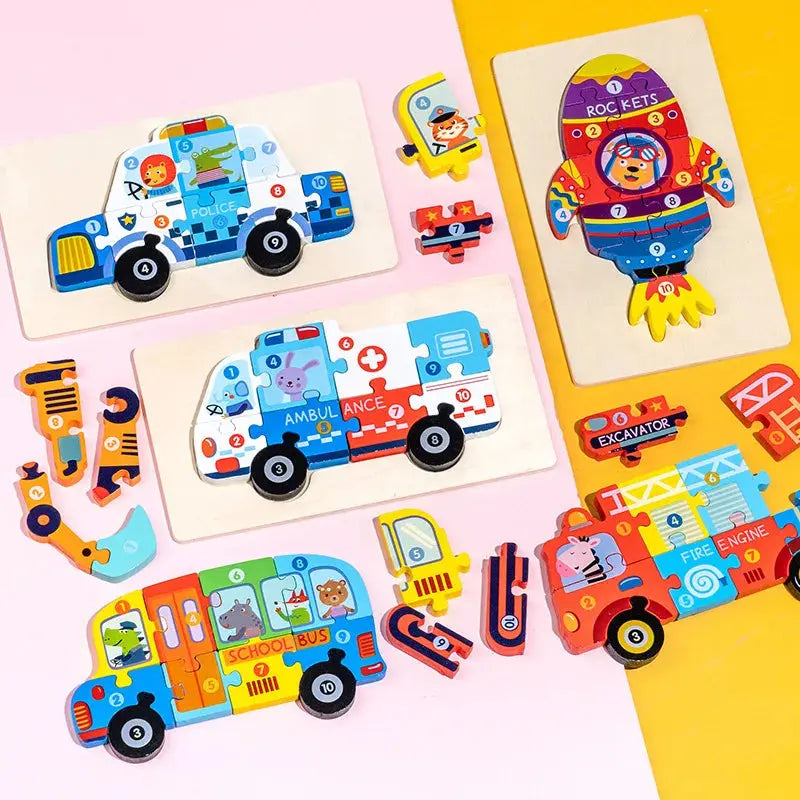 Wooden Puzzle Board 1 2 3 Year Children Puzzle Vehicles Pattern Colorful Numbered For Kids Toddlers Learning Educational Gifts Pinochio