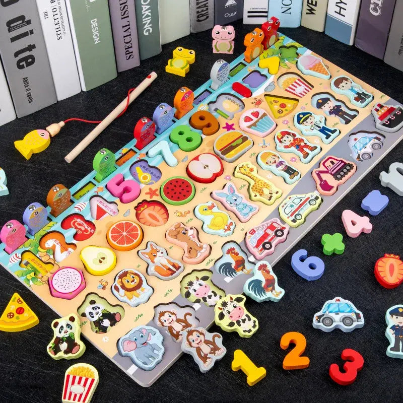 QWZ Kids Montessori Educational Wooden Math Toys Children Busy Board Count Shape Colors Match Fishing Puzzle Learning Toys Gifts Pinochio