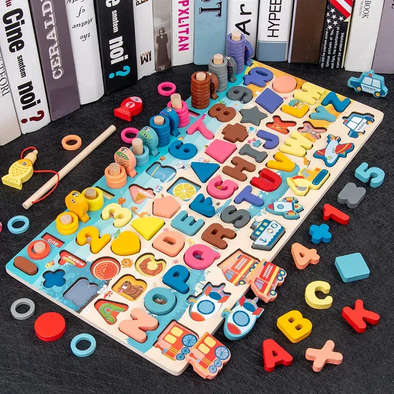 QWZ Kids Montessori Educational Wooden Math Toys Children Busy Board Count Shape Colors Match Fishing Puzzle Learning Toys Gifts Pinochio
