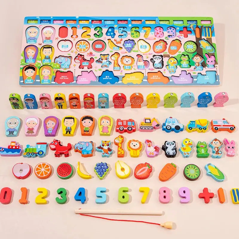 QWZ Kids Montessori Educational Wooden Math Toys Children Busy Board Count Shape Colors Match Fishing Puzzle Learning Toys Gifts Pinochio