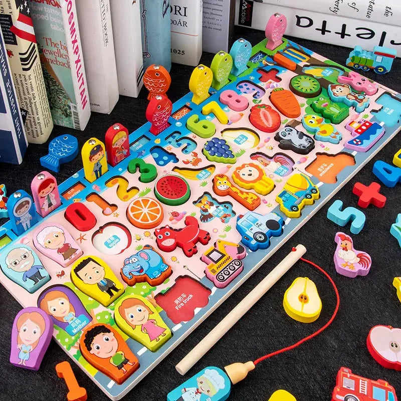 QWZ Kids Montessori Educational Wooden Math Toys Children Busy Board Count Shape Colors Match Fishing Puzzle Learning Toys Gifts Pinochio