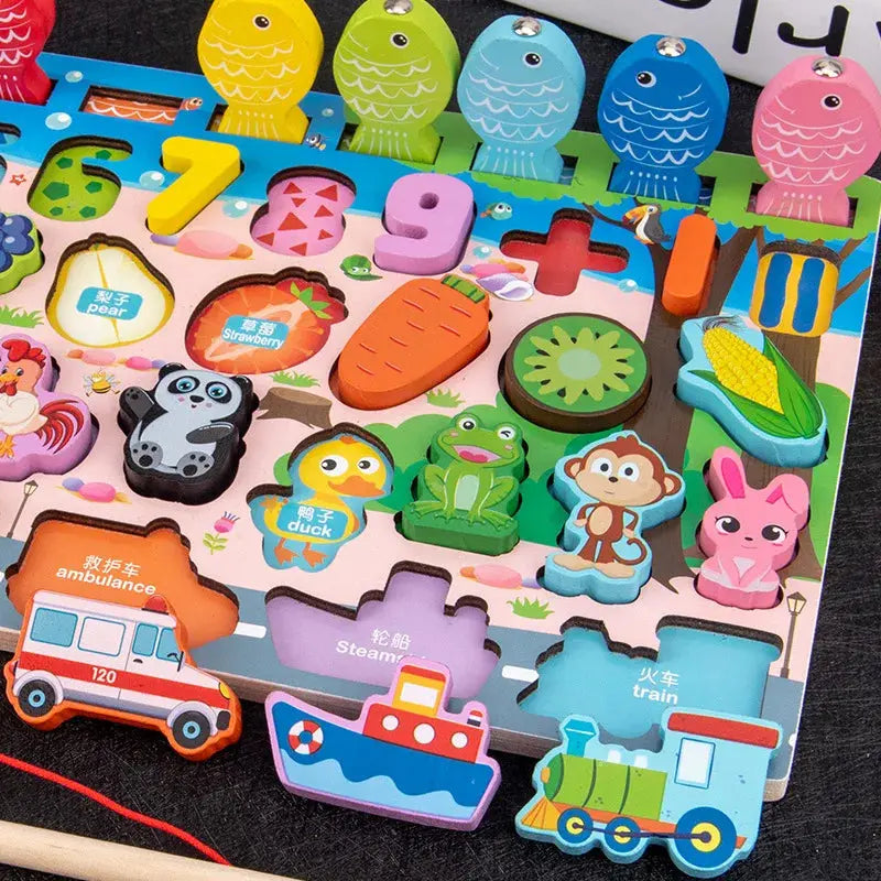QWZ Kids Montessori Educational Wooden Math Toys Children Busy Board Count Shape Colors Match Fishing Puzzle Learning Toys Gifts Pinochio