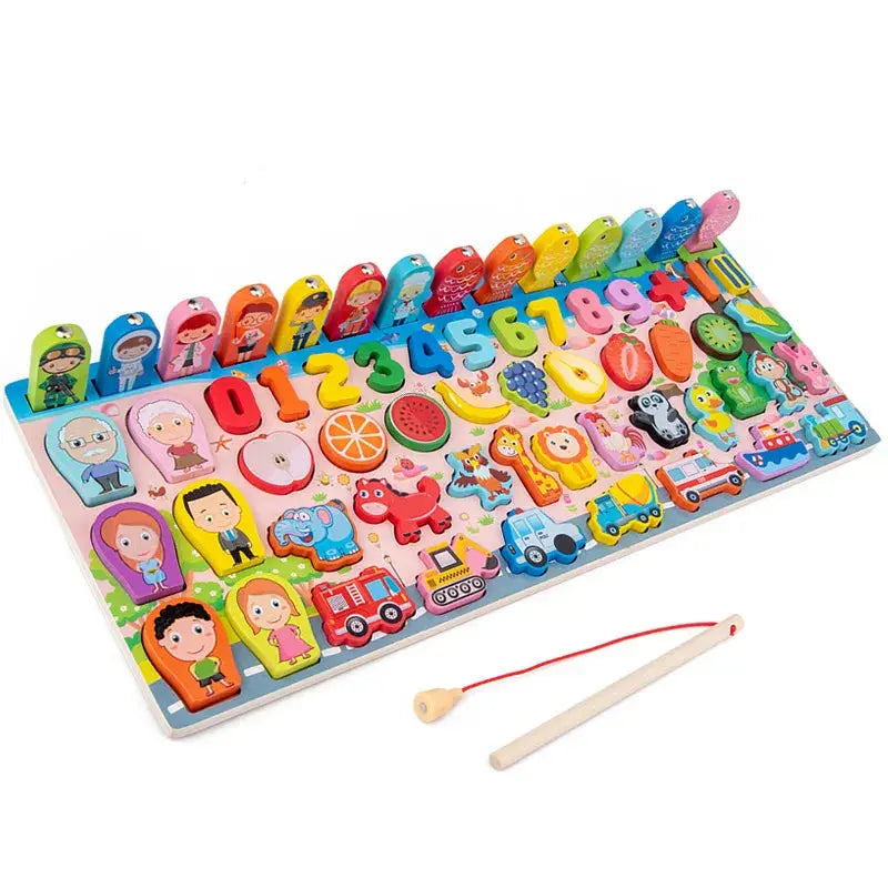 QWZ Kids Montessori Educational Wooden Math Toys Children Busy Board Count Shape Colors Match Fishing Puzzle Learning Toys Gifts Pinochio
