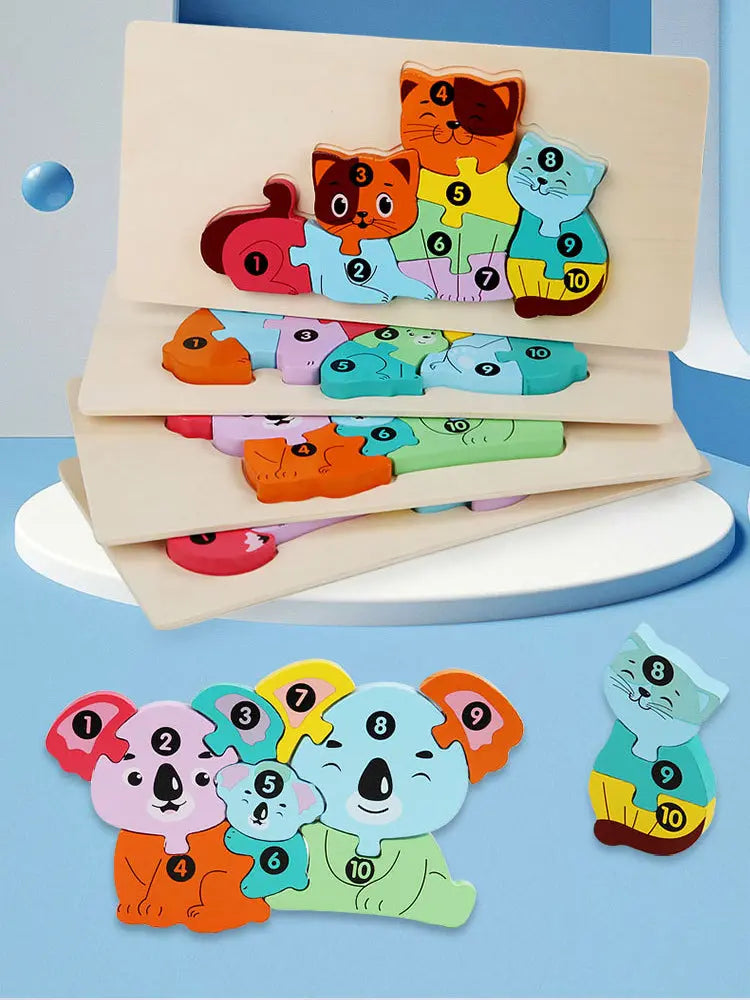 Wooden Jigsaw Puzzle Kids Cartoon Animal Fox Bear Cat Kola 3D Puzzles Games Baby Early Learning Educational Toys for Children Pinochio