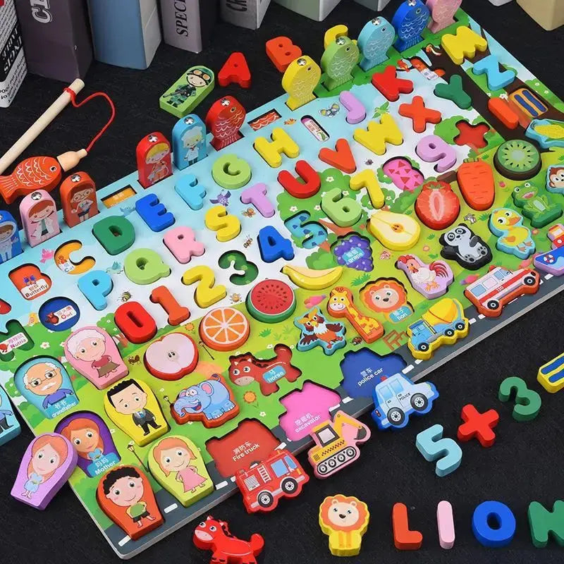 QWZ Kids Montessori Educational Wooden Math Toys Children Busy Board Count Shape Colors Match Fishing Puzzle Learning Toys Gifts Pinochio