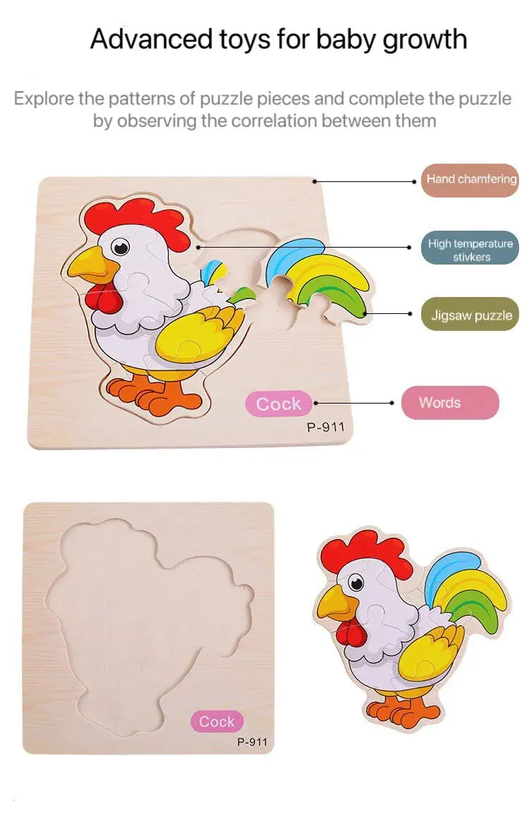 3 PCs Random Color Puzzle 3D Toys Early Education Wooden Cartoon Animal Puzzle Puzzle Infant Puzzle Board Toys Pinochio
