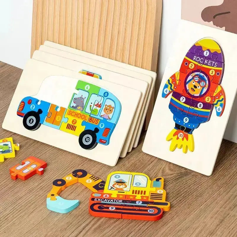 Wooden Puzzle Board 1 2 3 Year Children Puzzle Vehicles Pattern Colorful Numbered For Kids Toddlers Learning Educational Gifts Pinochio