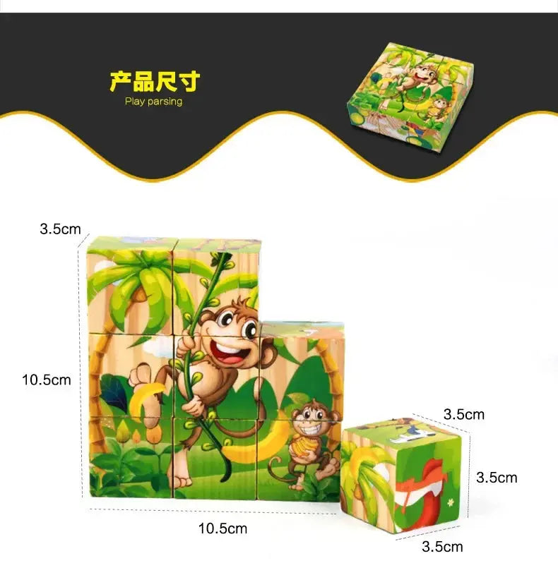 3D cube Wooden puzzle children's nine pieces six-sided wooden block tray children's Montessori learning educational puzzle toys Pinochio
