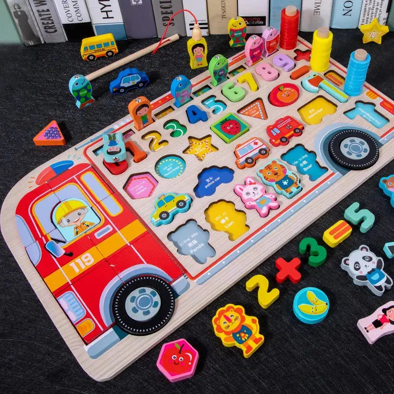 QWZ Kids Montessori Educational Wooden Math Toys Children Busy Board Count Shape Colors Match Fishing Puzzle Learning Toys Gifts Pinochio