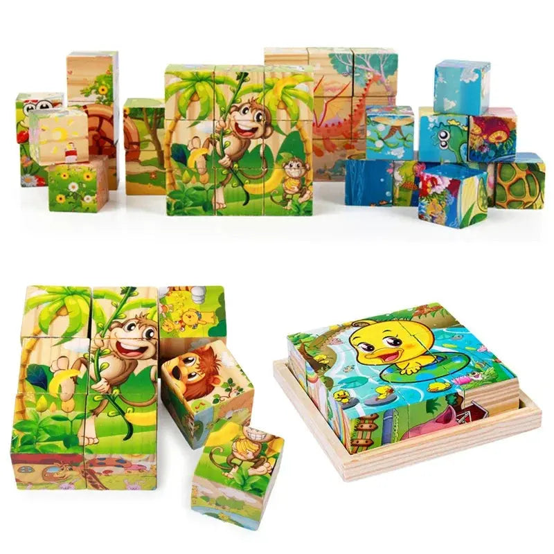 3D cube Wooden puzzle children's nine pieces six-sided wooden block tray children's Montessori learning educational puzzle toys Pinochio