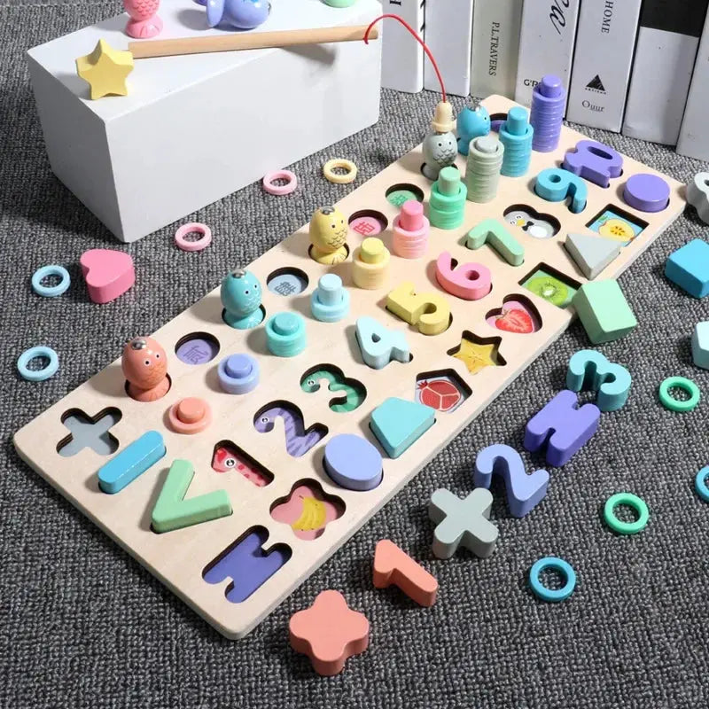 Educational Wooden Toys Children Busy Board Math Fishing Children's Wooden Preschool Montessori Toys Counting Geometry Kids Toys Pinochio