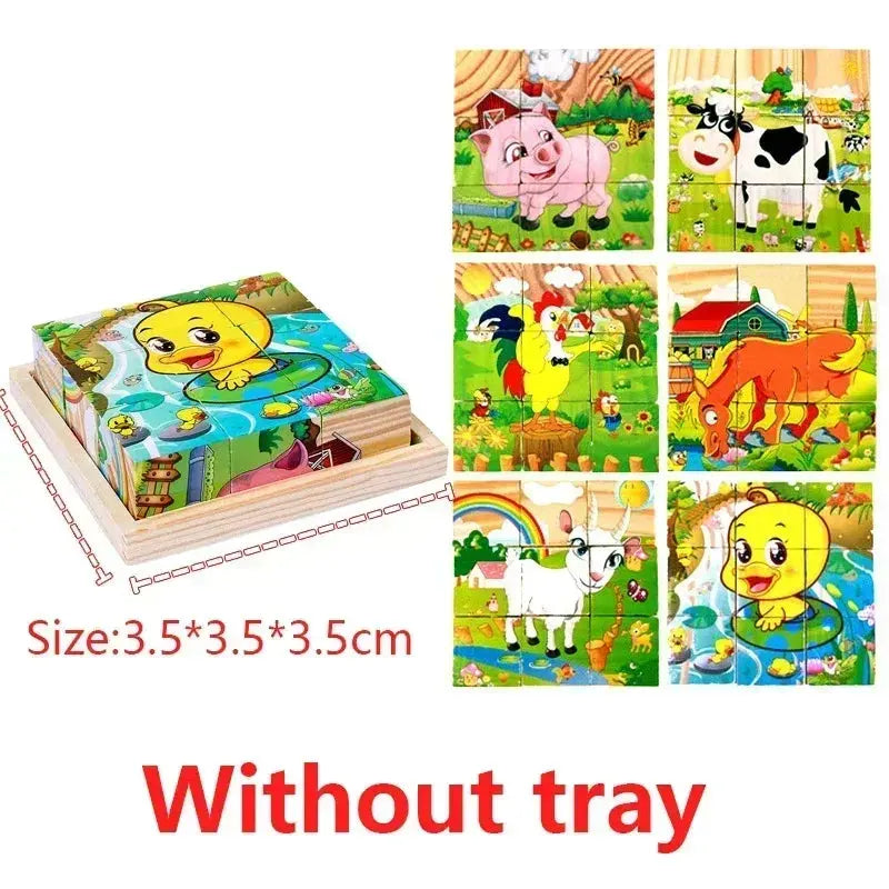 3D cube Wooden puzzle children's nine pieces six-sided wooden block tray children's Montessori learning educational puzzle toys Pinochio