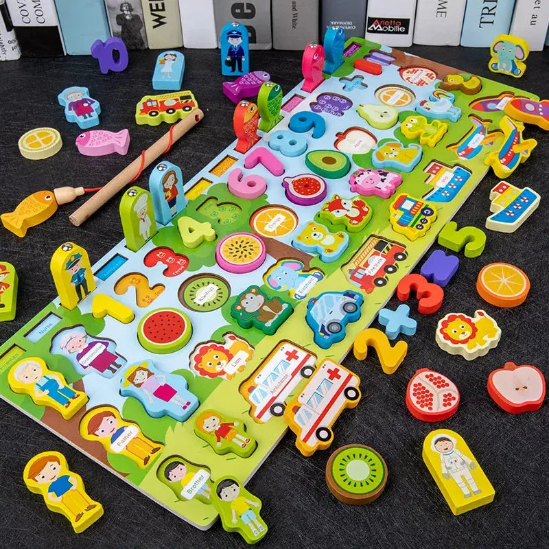 QWZ Kids Montessori Educational Wooden Math Toys Children Busy Board Count Shape Colors Match Fishing Puzzle Learning Toys Gifts Pinochio