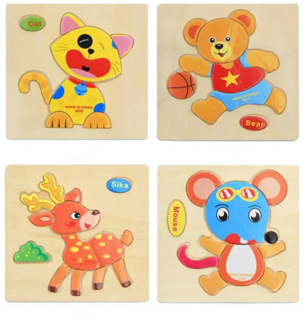 3 PCs Random Color Puzzle 3D Toys Early Education Wooden Cartoon Animal Puzzle Puzzle Infant Puzzle Board Toys Pinochio