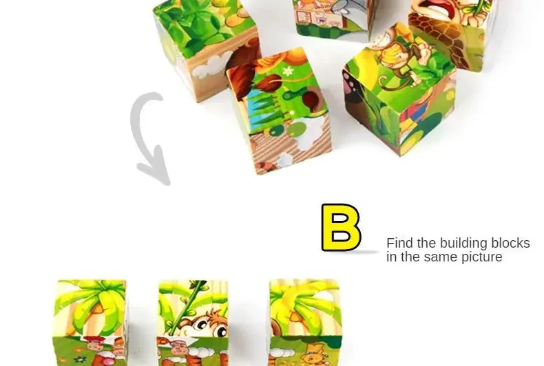 3D cube Wooden puzzle children's nine pieces six-sided wooden block tray children's Montessori learning educational puzzle toys Pinochio