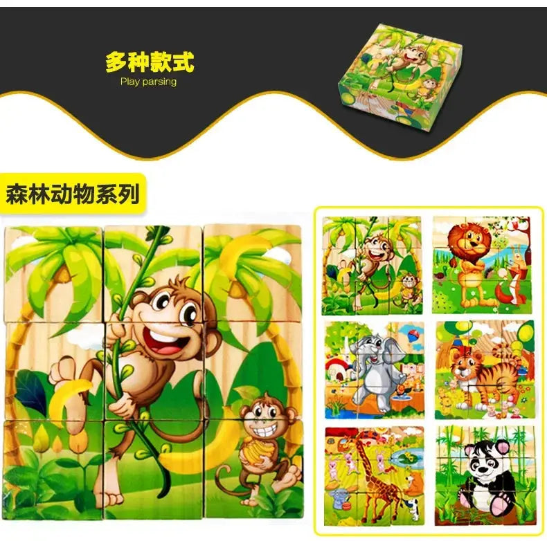 3D cube Wooden puzzle children's nine pieces six-sided wooden block tray children's Montessori learning educational puzzle toys Pinochio