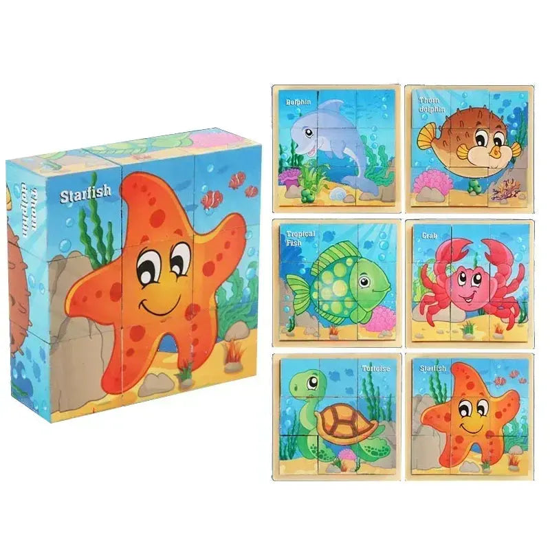 3D cube Wooden puzzle children's nine pieces six-sided wooden block tray children's Montessori learning educational puzzle toys Pinochio