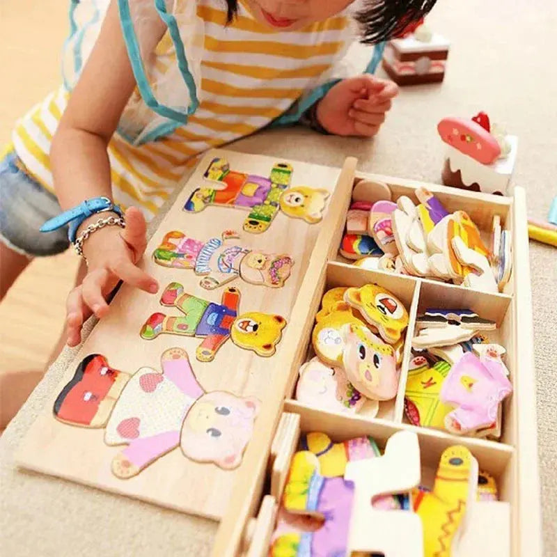 Little Bear Change Clothes Children's Early Education Wooden Jigsaw Puzzle Dressing Game Baby Puzzle Toys for Children Gift Pinochio