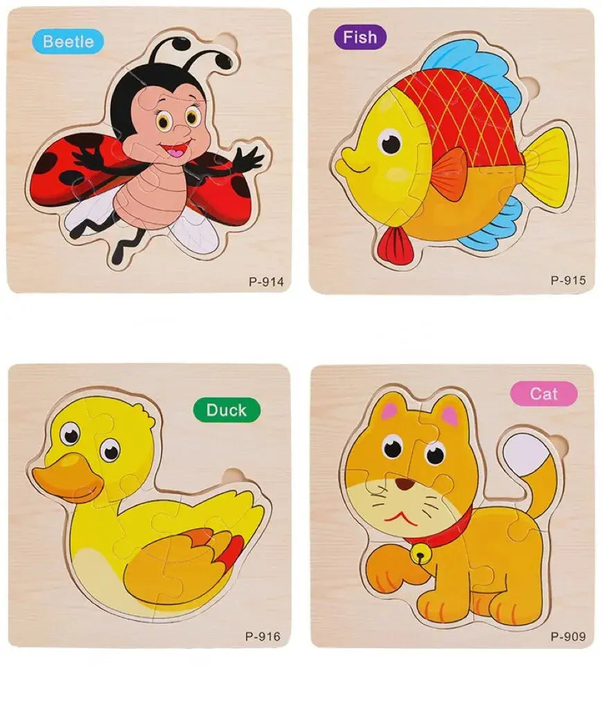 3 PCs Random Color Puzzle 3D Toys Early Education Wooden Cartoon Animal Puzzle Puzzle Infant Puzzle Board Toys Pinochio