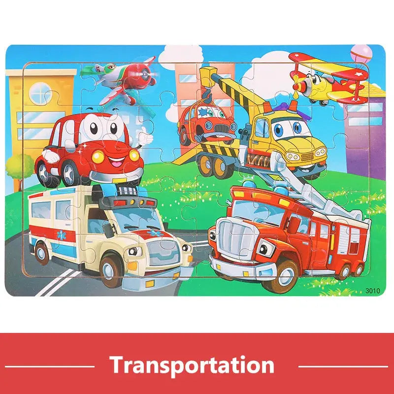New 30 Pieces Wooden Puzzles Cartoon Animal Traffic Tangram Wood 3d Puzzle Montessori Educational Toys for Children Gifts Pinochio