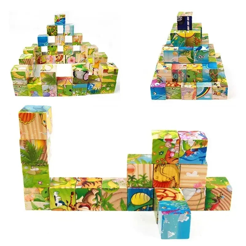 3D cube Wooden puzzle children's nine pieces six-sided wooden block tray children's Montessori learning educational puzzle toys Pinochio