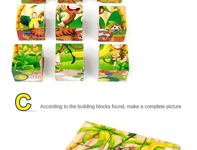 3D cube Wooden puzzle children's nine pieces six-sided wooden block tray children's Montessori learning educational puzzle toys Pinochio