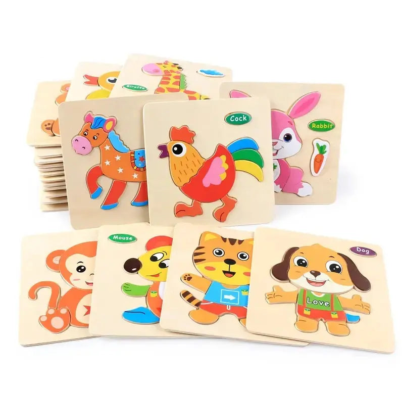 3 PCs Random Color Puzzle 3D Toys Early Education Wooden Cartoon Animal Puzzle Puzzle Infant Puzzle Board Toys Pinochio