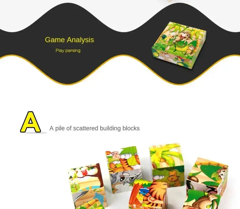 3D cube Wooden puzzle children's nine pieces six-sided wooden block tray children's Montessori learning educational puzzle toys Pinochio
