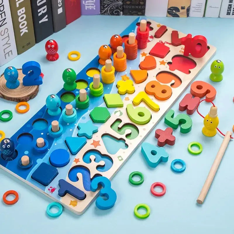 Educational Wooden Toys Children Busy Board Math Fishing Children's Wooden Preschool Montessori Toys Counting Geometry Kids Toys Pinochio