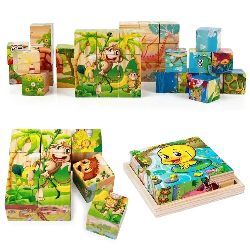 3D cube Wooden puzzle children's nine pieces six-sided wooden block tray children's Montessori learning educational puzzle toys Pinochio