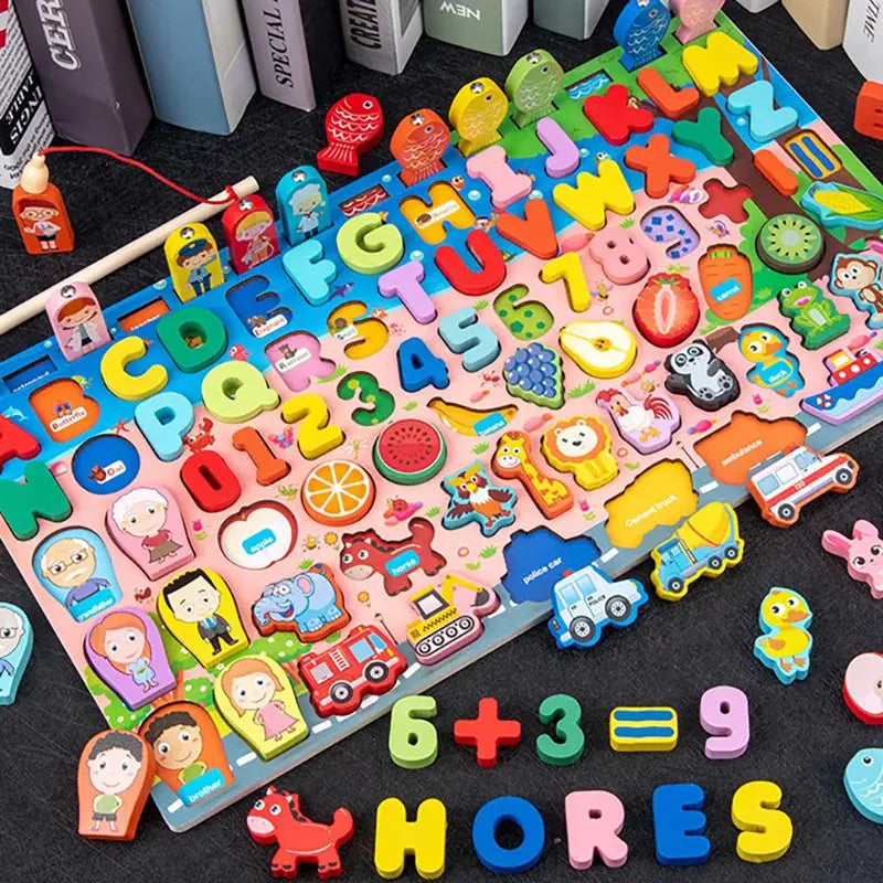 QWZ Kids Montessori Educational Wooden Math Toys Children Busy Board Count Shape Colors Match Fishing Puzzle Learning Toys Gifts Pinochio