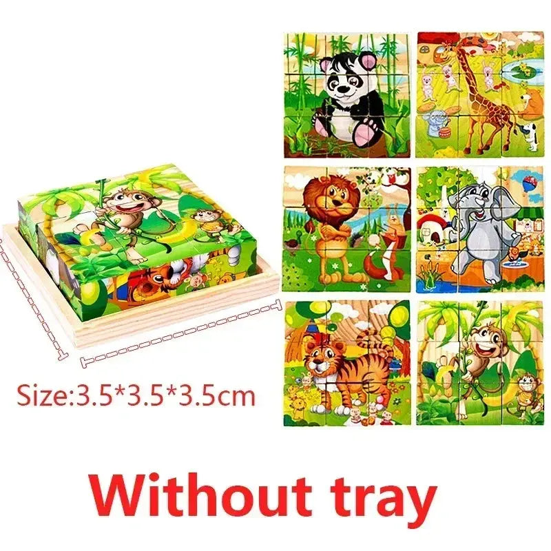 3D cube Wooden puzzle children's nine pieces six-sided wooden block tray children's Montessori learning educational puzzle toys Pinochio
