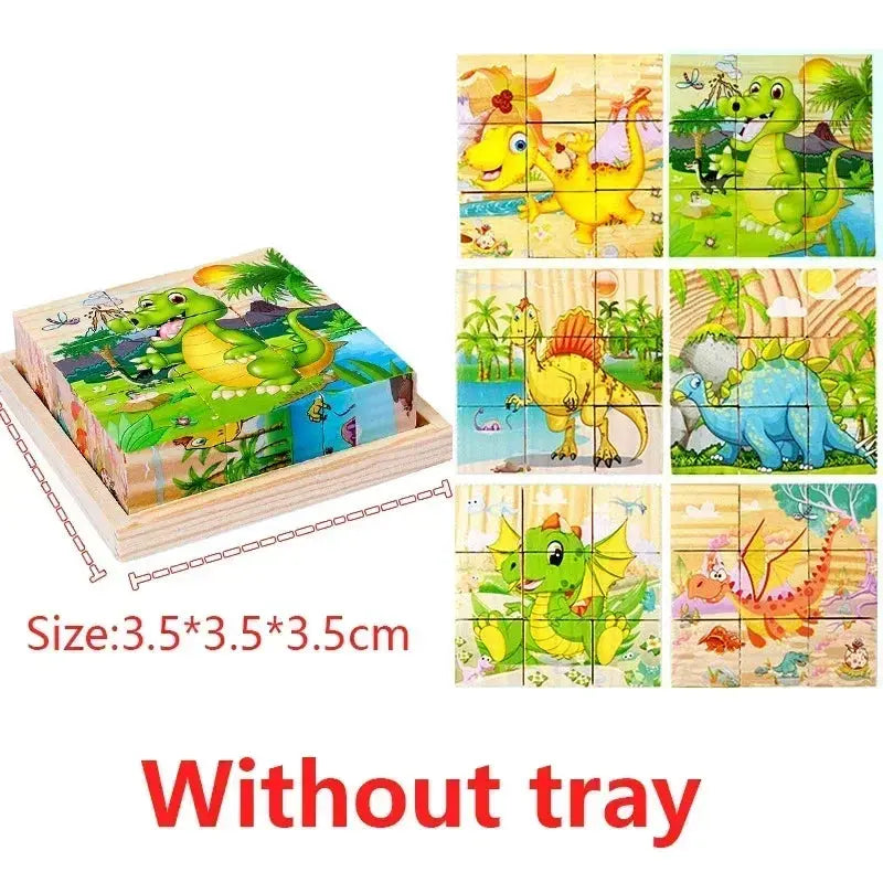 3D cube Wooden puzzle children's nine pieces six-sided wooden block tray children's Montessori learning educational puzzle toys Pinochio