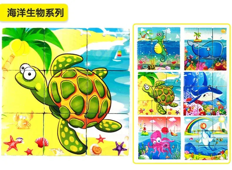 3D cube Wooden puzzle children's nine pieces six-sided wooden block tray children's Montessori learning educational puzzle toys Pinochio