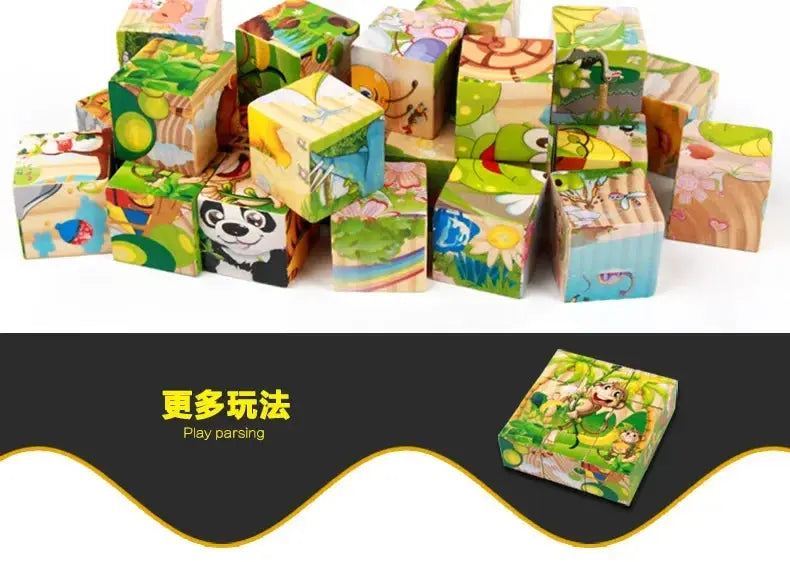 3D cube Wooden puzzle children's nine pieces six-sided wooden block tray children's Montessori learning educational puzzle toys Pinochio