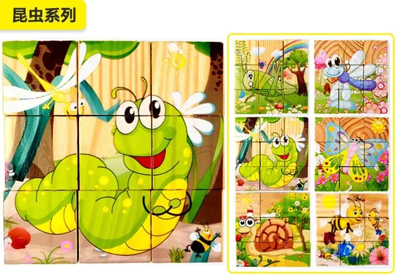 3D cube Wooden puzzle children's nine pieces six-sided wooden block tray children's Montessori learning educational puzzle toys Pinochio