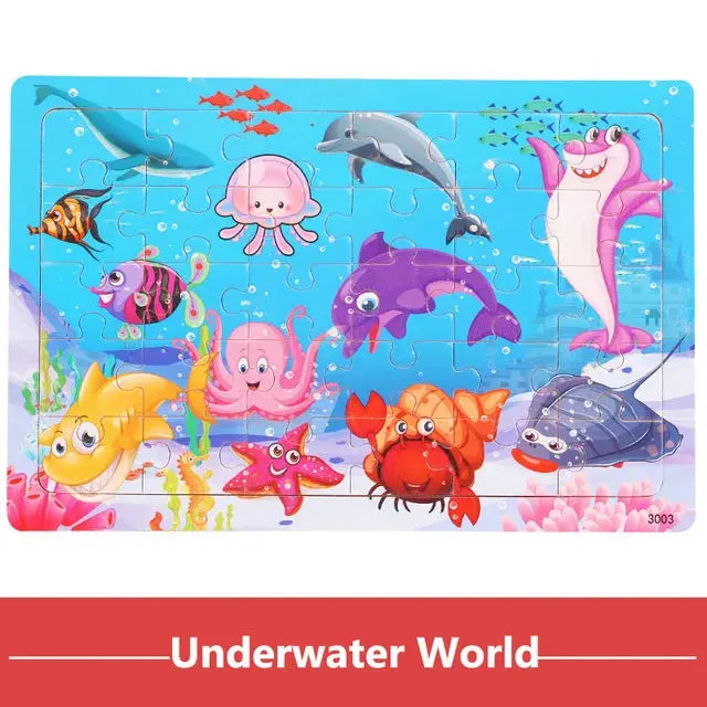 New 30 Pieces Wooden Puzzles Cartoon Animal Traffic Tangram Wood 3d Puzzle Montessori Educational Toys for Children Gifts Pinochio