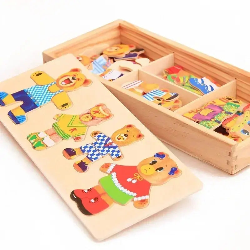 Little Bear Change Clothes Children's Early Education Wooden Jigsaw Puzzle Dressing Game Baby Puzzle Toys for Children Gift Pinochio