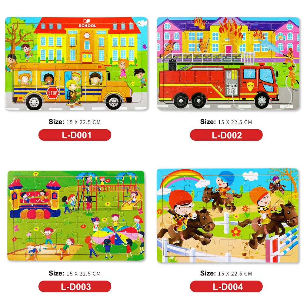 New 30 Pieces Wooden Puzzles Cartoon Animal Traffic Tangram Wood 3d Puzzle Montessori Educational Toys for Children Gifts Pinochio