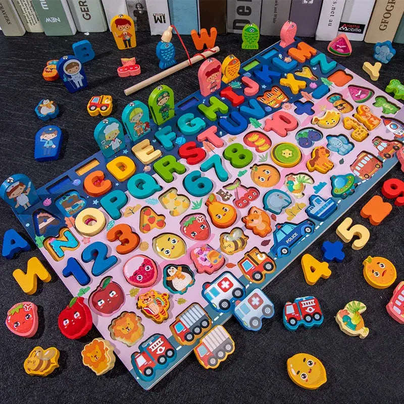QWZ Kids Montessori Educational Wooden Math Toys Children Busy Board Count Shape Colors Match Fishing Puzzle Learning Toys Gifts Pinochio