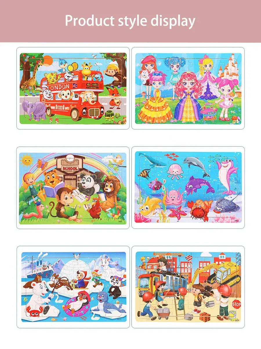 1pc 30 Pieces Wooden Jigsaw Puzzle Kids Cartoon Animal Vehicle Puzzles Games Montessori Learning Educational Toys for Children Pinochio