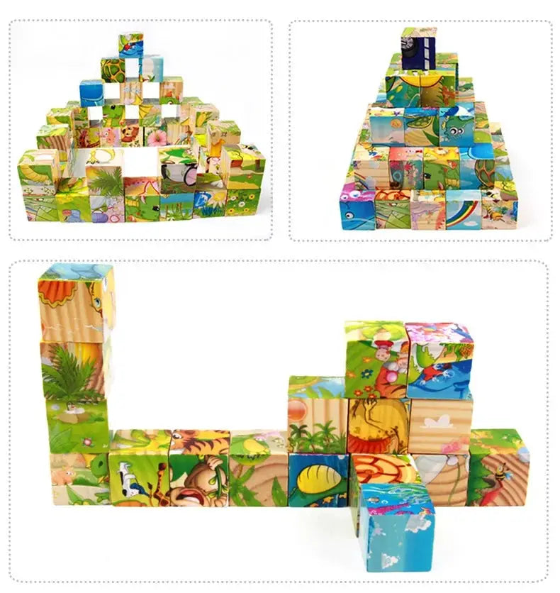 3D cube Wooden puzzle children's nine pieces six-sided wooden block tray children's Montessori learning educational puzzle toys Pinochio