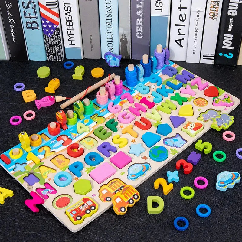 QWZ Kids Montessori Educational Wooden Math Toys Children Busy Board Count Shape Colors Match Fishing Puzzle Learning Toys Gifts Pinochio