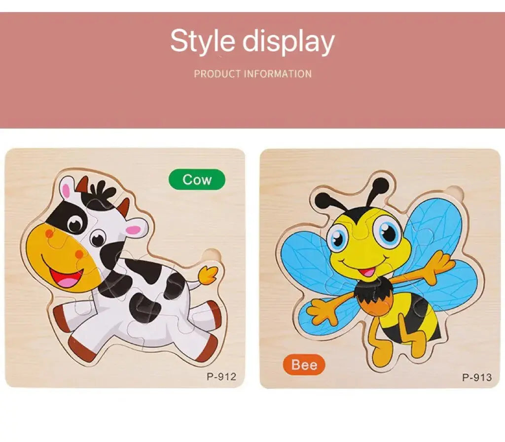 3 PCs Random Color Puzzle 3D Toys Early Education Wooden Cartoon Animal Puzzle Puzzle Infant Puzzle Board Toys Pinochio