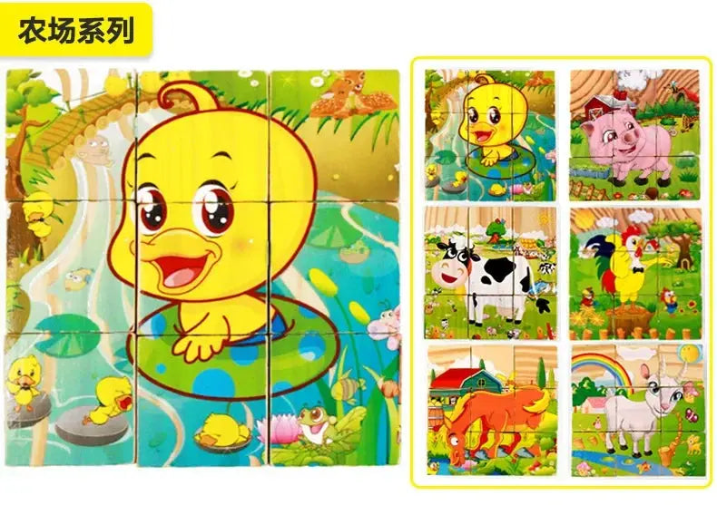 3D cube Wooden puzzle children's nine pieces six-sided wooden block tray children's Montessori learning educational puzzle toys Pinochio