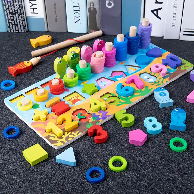 QWZ Kids Montessori Educational Wooden Math Toys Children Busy Board Count Shape Colors Match Fishing Puzzle Learning Toys Gifts Pinochio