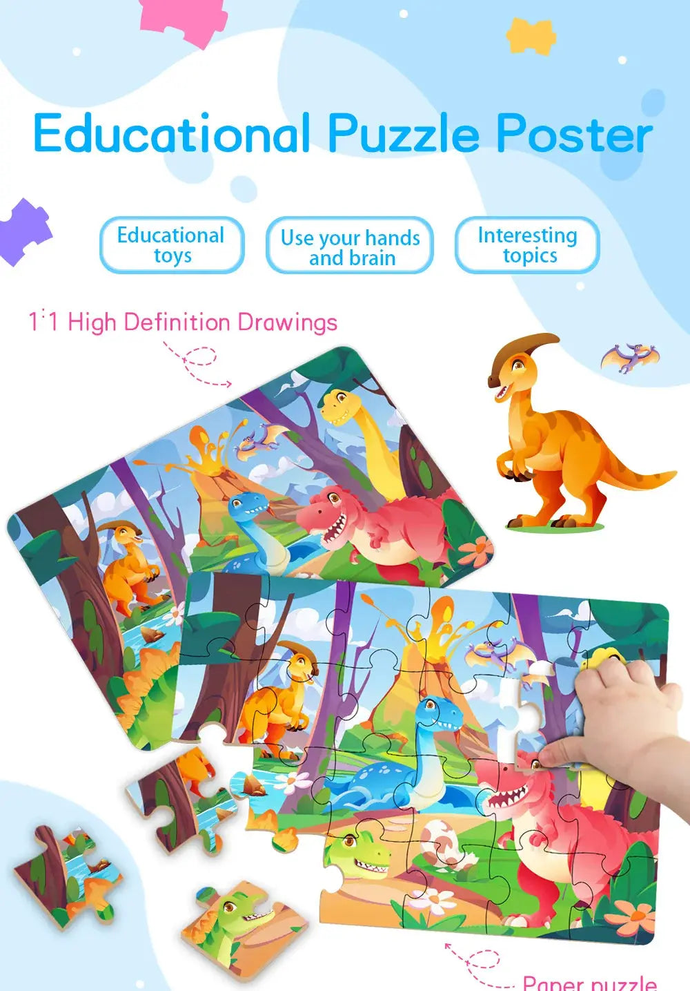 Kids Cartoon Animal Jigsaw Puzzles Montessori Educational Toys Parent-Child Theme Game Paper Educational Gift for Children Pinochio