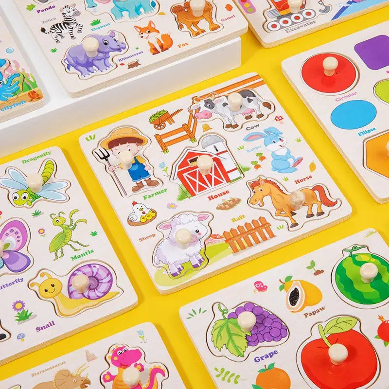 Wooden Puzzle Montessori Toys for Kids Cartoon Animal Traffic Hand Grab Boards Early Learning Educational Toys for Children Pinochio