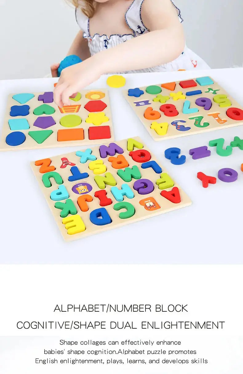Kids Alphabetic Arithmetic Number Geometric Shapes Wooden Puzzle Montessori Preschool Learning Educational Game Toy for Children Pinochio