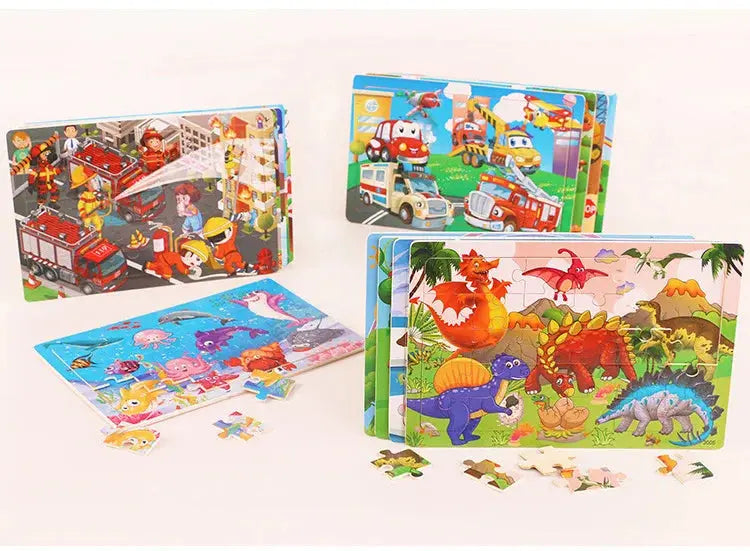 New 30 Pieces Wooden Puzzles Cartoon Animal Traffic Tangram Wood 3d Puzzle Montessori Educational Toys for Children Gifts Pinochio